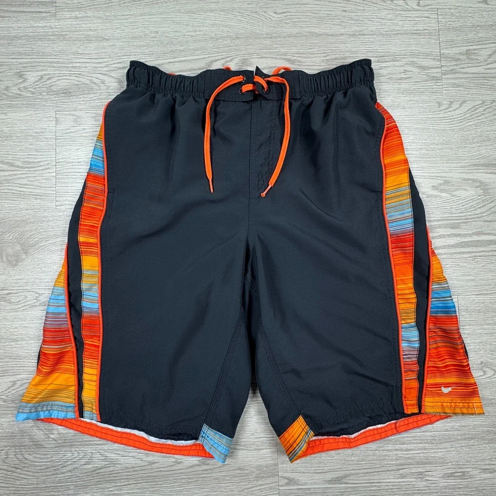 Nike‎ Mens Swim Trunks Board Shorts Black Orange Striped Medium Mesh Lined